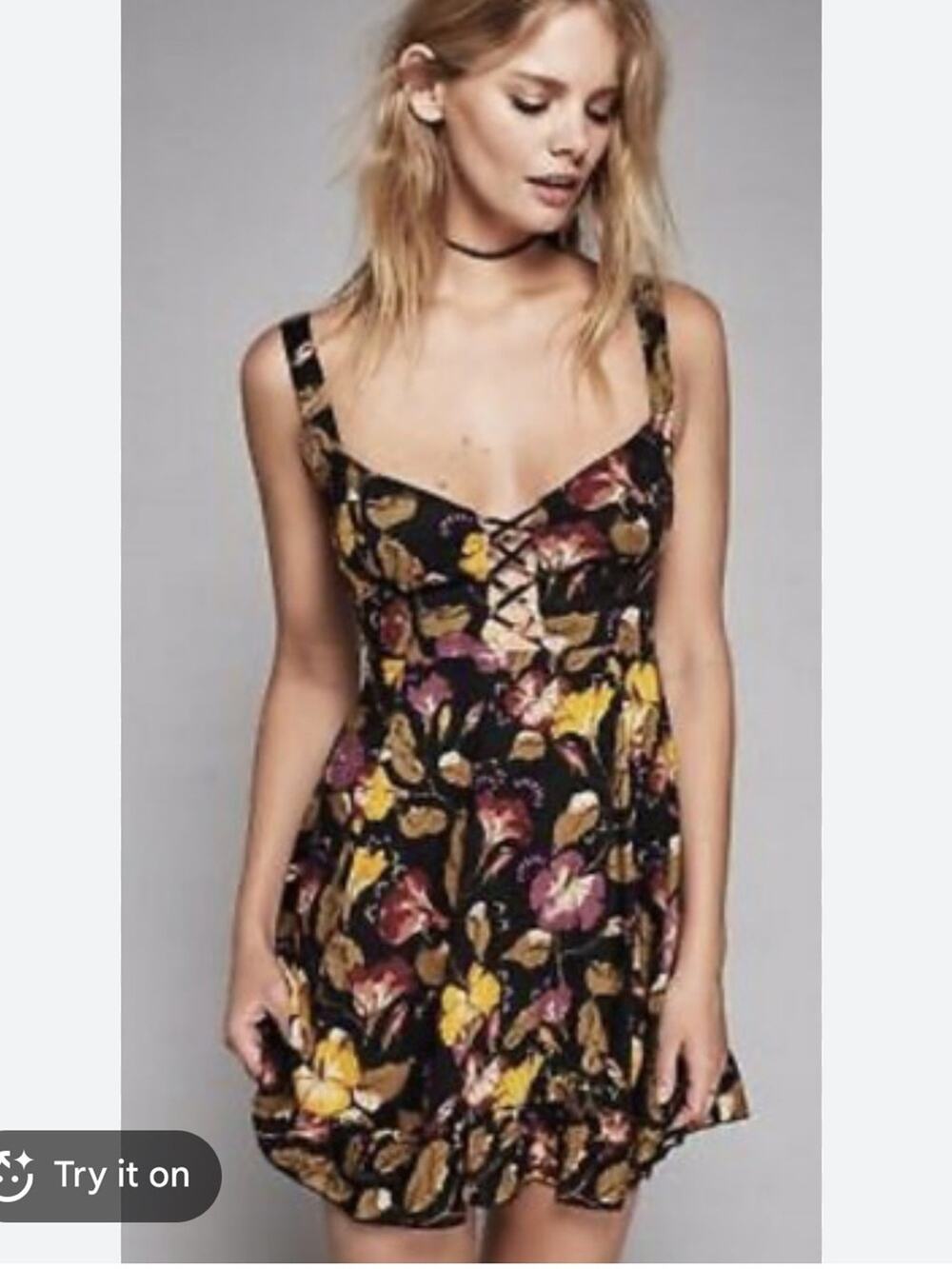 Free People Black Floral Mini Slip Dress Womens M Lattice Lovers Boho Casual